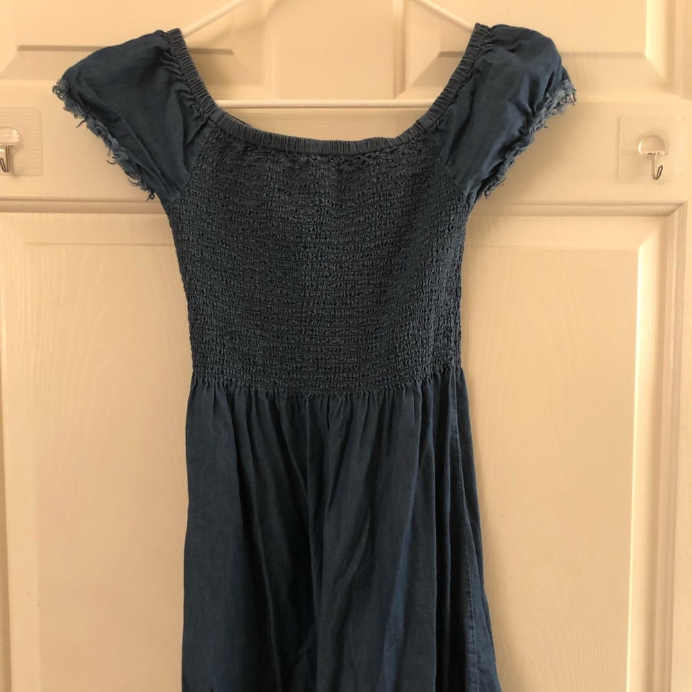 Off the Shoulder Denim Dress Raw Hem
